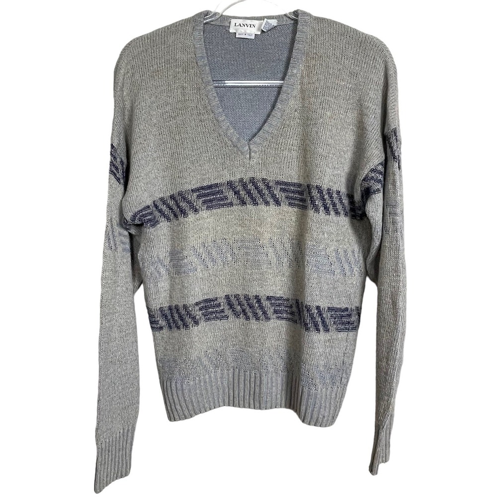 Lanvin Sweater Mens M Gray Blue Coastal Old Money Linen Cotton‎ V-Neck Italy